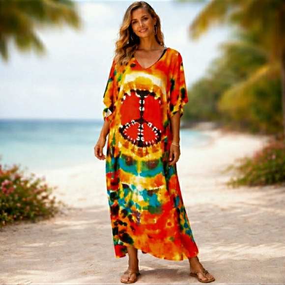 Kaftan Dress Tie Dye Peace Maxi Cover Up 1X ✌️NEW - Picture 7 of 10